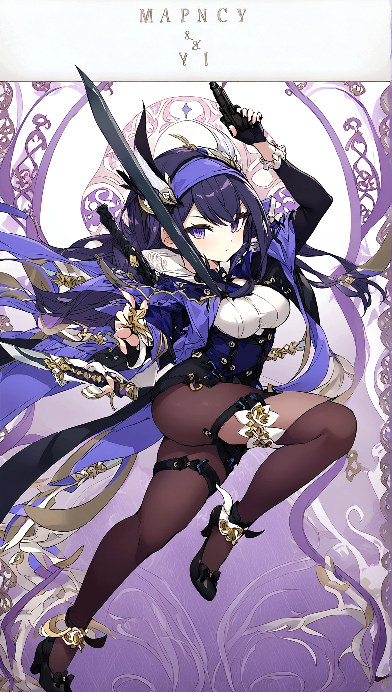Female character holding a gun in one hand and a sword in the other