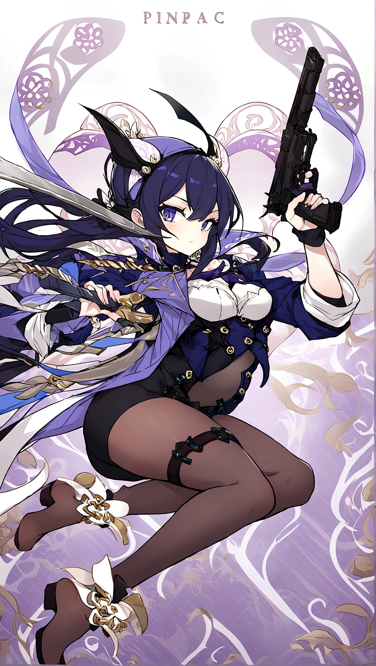 Female character holding a gun in one hand and a sword in the other