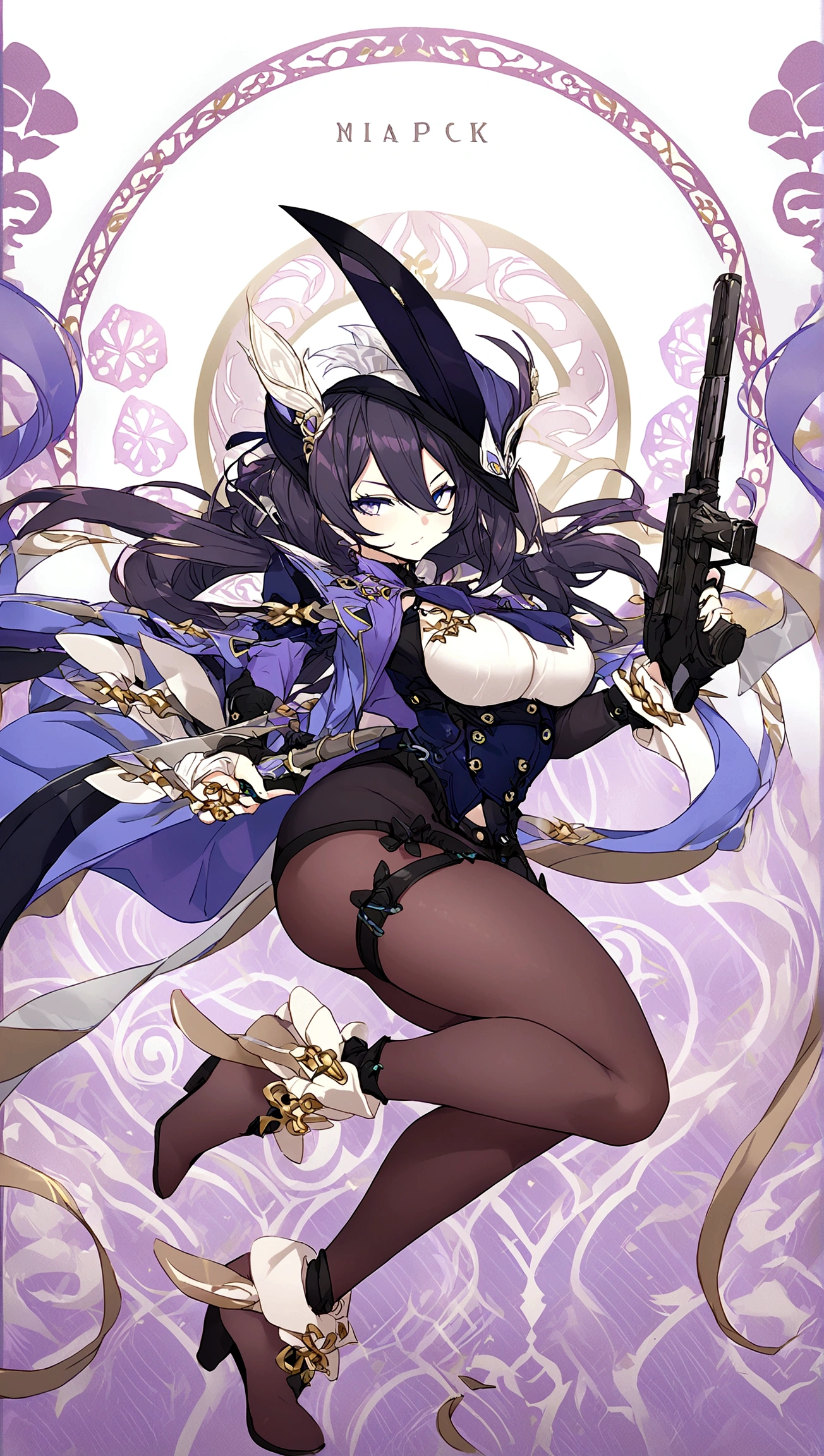 Female character holding a gun in one hand and a sword in the other