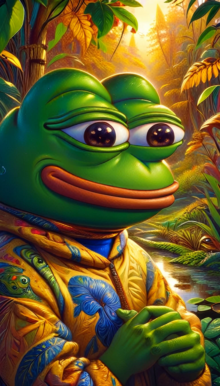 a pepe frog with friendly expression,pepe frog character,cute frog mascot,cartoon style,vibrant colors,detailed intricate design,digital illustration,surreal fantasy,whimsical concept,adorable frog character,frog joining a community,friendly frog mascot,warm and inviting atmosphere,soft textures,natural elements,lush foliage,sense of community,digital art,4k,8k,highres,masterpiece,ultra-detailed,realistic,photorealistic