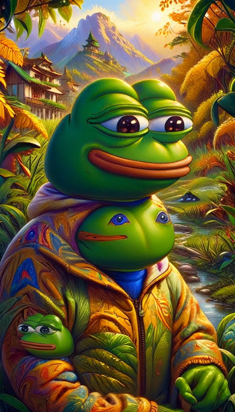 a pepe frog with friendly expression,pepe frog character,cute frog mascot,cartoon style,vibrant colors,detailed intricate design,digital illustration,surreal fantasy,whimsical concept,adorable frog character,frog joining a community,friendly frog mascot,warm and inviting atmosphere,soft textures,natural elements,lush foliage,sense of community,digital art,4k,8k,highres,masterpiece,ultra-detailed,realistic,photorealistic