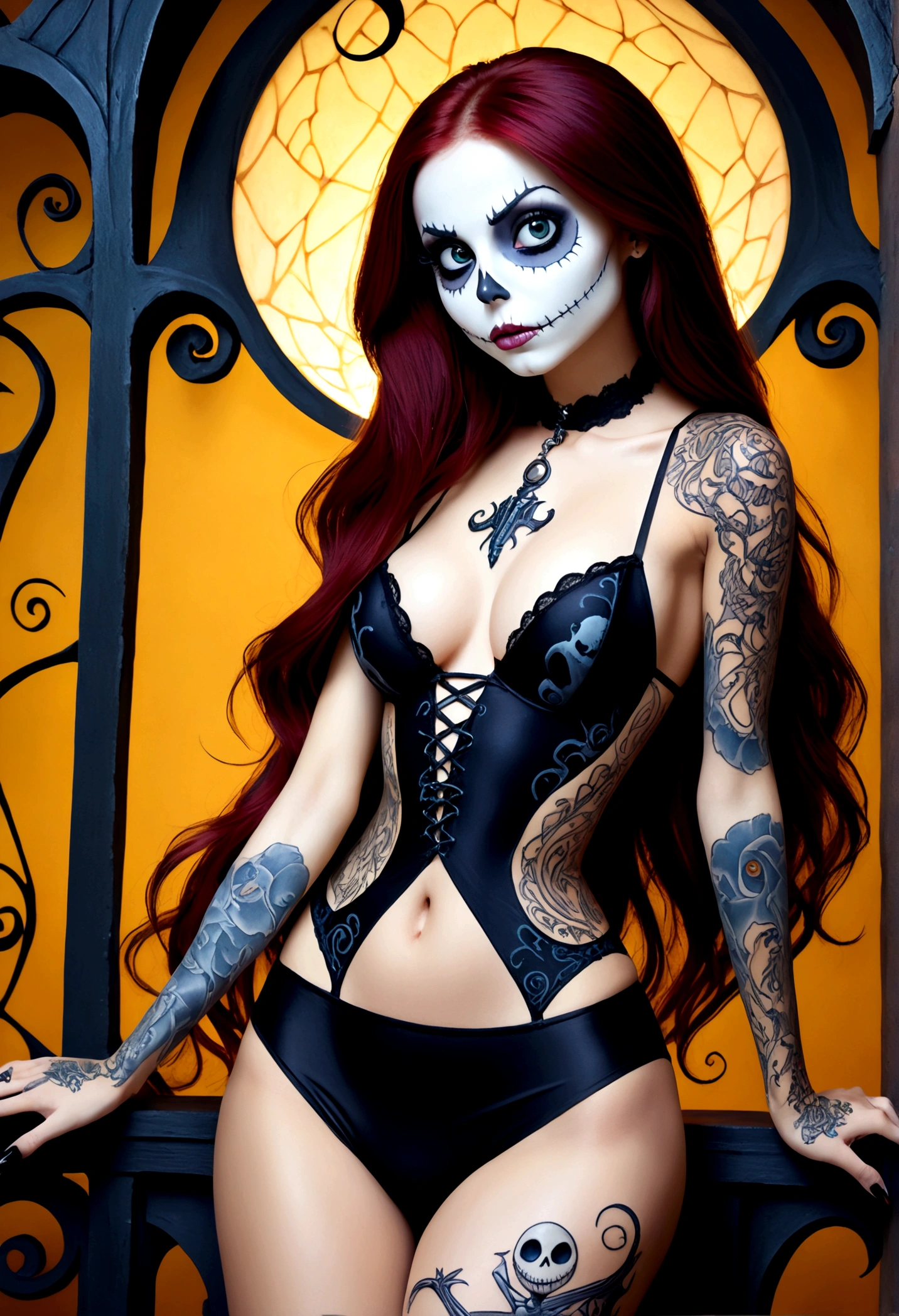 Create a hyper detailed photograph of a nightmare before Christmas tattoos young sexy stunning gorgeous sally Skellington, Stunningly perfect gorgeous face, perfect makeup, detailed vibrant eyes, long hair,detailed perfect beautiful legs, detailed perfect beautiful arms, realistic torso, detailed silky smooth skin texture, detailed silky smooth perky breast, perfect round ass, transparent strappy lace lingerie, back to viewer, looking forward,