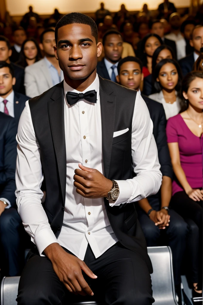 Well-dressed, clean-shaven black guy next to an audience