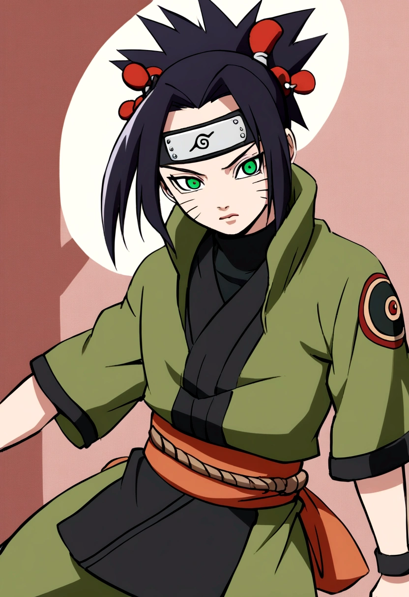 Kizi, Bblack hair,greeneyes, ninja clothing anime style design naruto, clear face, detailed