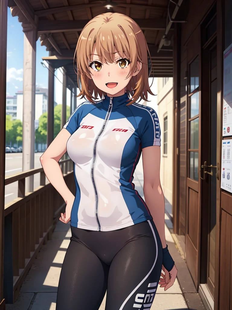 ((muste piece, best quality, High resolution, ticker, perfect pixel, Depth of bounds written, In 4K, )), 1 girl, solo, , beautiful anime girl, beautiful art style, close up of breasts, Looking at Viewer, perfect body, isshiki iroha, short hair, brown hair, midium breasts, full face blush, open mouth, smile, cycling wear, cycling pants, cowboy shot, looking at viewer