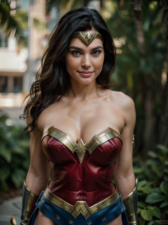 a beautiful woman, fair skin, supermodel ((Dressed as Wonder Woman)) Realistic (blue eyes), (She is smiling: 1.1), perfect face, split lips, (Best quality, 8k, Masterpiece: 1.3), hands perfect, clear focus: 1.2, perfect body beauty: 1.4, slim abdomen: 1.2, highly detailed face and skin texture, detailed eyes, (natural straight black hair,) standing, dynamic pose, highly detailed, 28 years old, Innocent face , high resolution, Artwork, best quality, high and intricate details, highly detailed, sharp focus, detailed skin, realistic skin texture, texture, detailed eyes, Professional, 4K, charming smile, shot in canon, 85mm, depth shallow field, kodak vision color, perfect body fit, extremely detailed, photography_\(ultra\), photorealistic, realistic, Post-processing, maximum detail, roughness, Real life, ultra realistic, photorealism, photography, 8k hd, photograph, she is on an island