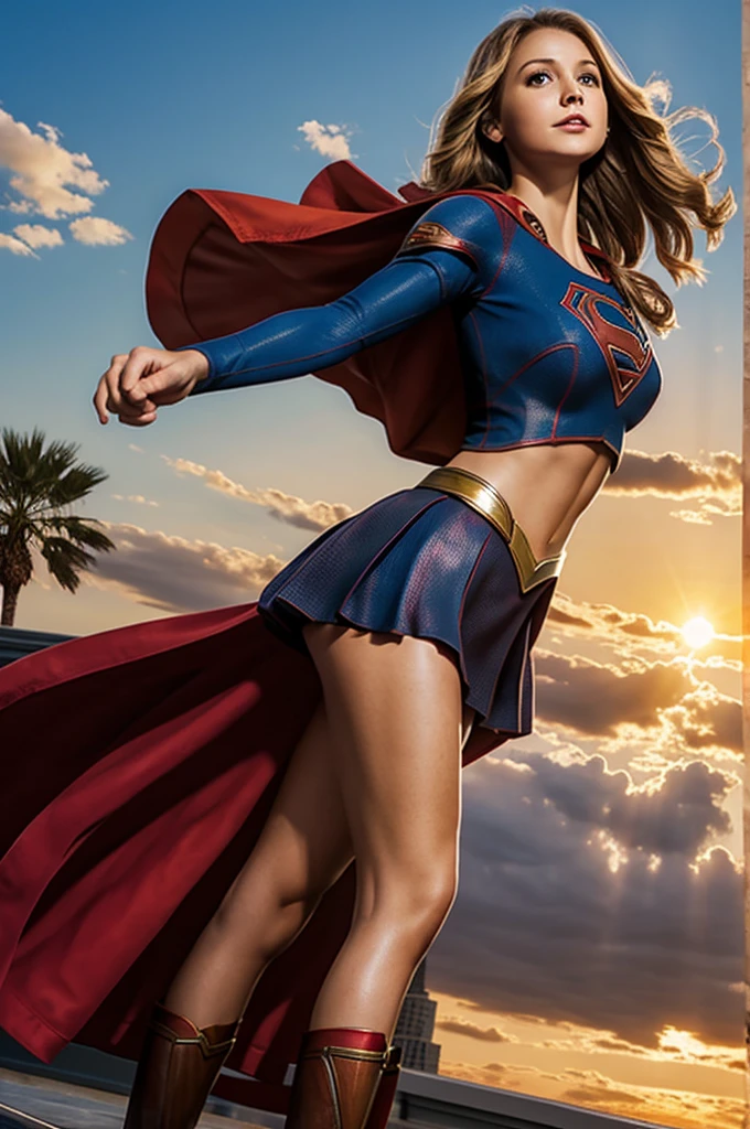 Supergirl. Roof. Sunset. Legs wide open. Skirt. Underboob.