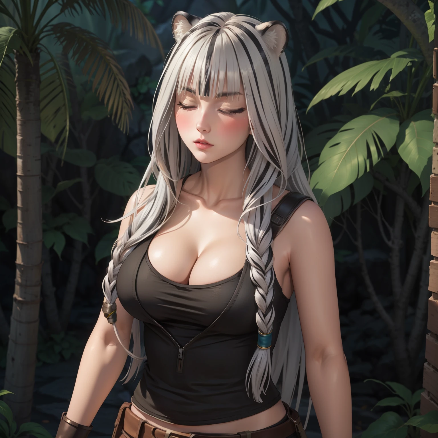 Atlas Fayon woman 40 years, white hair with black stripes ,white tiger ears, closed eyes, mujer ciega con closed eyes, serious expression, blush,  pale skin, big breasts, lara croft costume, Lara croft cosplay background a temple in the jungle.