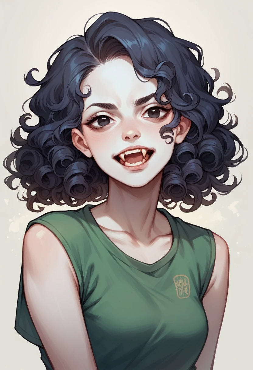 young woman,pale skin,Curly hair and dark color big black eyes , with a thin but elongated nose. with an elongated mouth with several fangs in its mouth 
