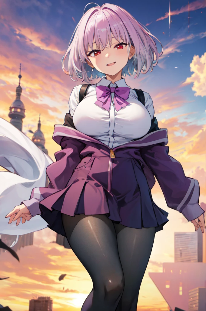 masterpiece, best quality, highres, aaakane, short hair, red eyes, large breasts, purple bowtie, collared shirt, white shirt, off shoulder, purple jacket, partially unzipped, long sleeves, sleeves past wrists, pleated skirt, black skirt, pantyhose, cowboy shot, standing, sky,Corruption,스타킹, 다리꼬기,(( Mesugaki)),오피스룩,