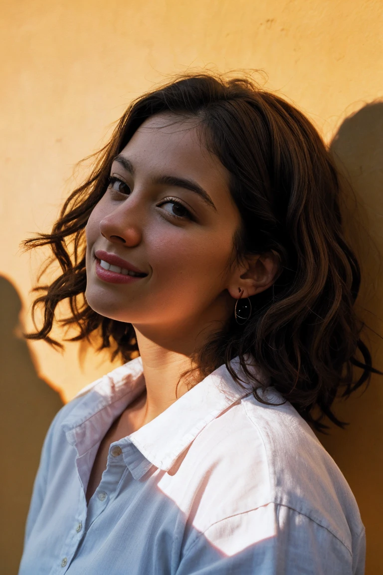 8K uhd, high quality , raw ultra realistic photo, professional photography , filmed with a Canon EOS 5D , A white-skinned woman, con parts, who has wavy brown hair, light brown eye color, with a snub nose, thick, pink lips. and that the background of the image is commune 13 of Medellin, Colombia, as if I were traveling, and that the shot is full body and she is in a casual pose, but make the photo more focused on the landscape behind it,is smiling for the camera, skin pores, Goosebumps, extremely detailed skin, ( parts:0.3), filmed on Hasselblad 500, sharp focus, thanks sharp,( extreme shadows:1.7), Hard light, intricate, provocative, (peach fuzz:0.6), side view, Mysterious, DOF, drop shadow, natural skin texture, calming tones, High contrast, hyper detailed photography,