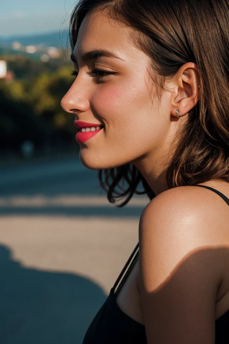 8K uhd, high quality , raw ultra realistic photo, professional photography , filmed with a Canon EOS 5D , A white-skinned woman, con parts, who has wavy brown hair, light brown eye color, with a snub nose, thick, pink lips. and that the background of the image is commune 13 of Medellin, Colombia, as if I were traveling, and that the shot is full body and she is in a casual pose, but make the photo more focused on the landscape behind it,is smiling for the camera, skin pores, Goosebumps, extremely detailed skin, ( parts:0.3), filmed on Hasselblad 500, sharp focus, thanks sharp,( extreme shadows:1.7), Hard light, intricate, provocative, (peach fuzz:0.6), side view, Mysterious, DOF, drop shadow, natural skin texture, calming tones, High contrast, hyper detailed photography,