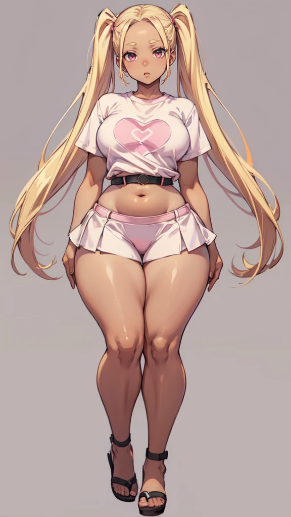 blank background, (((full body))), (masterpiece), ((best quality)), flat chest, (forehead), short twintail, (wide hips:1.6), (thick thighs:1.4), (very short skirt), sandals, belt below navel, blonde, (pink tshirt), (dark skin)