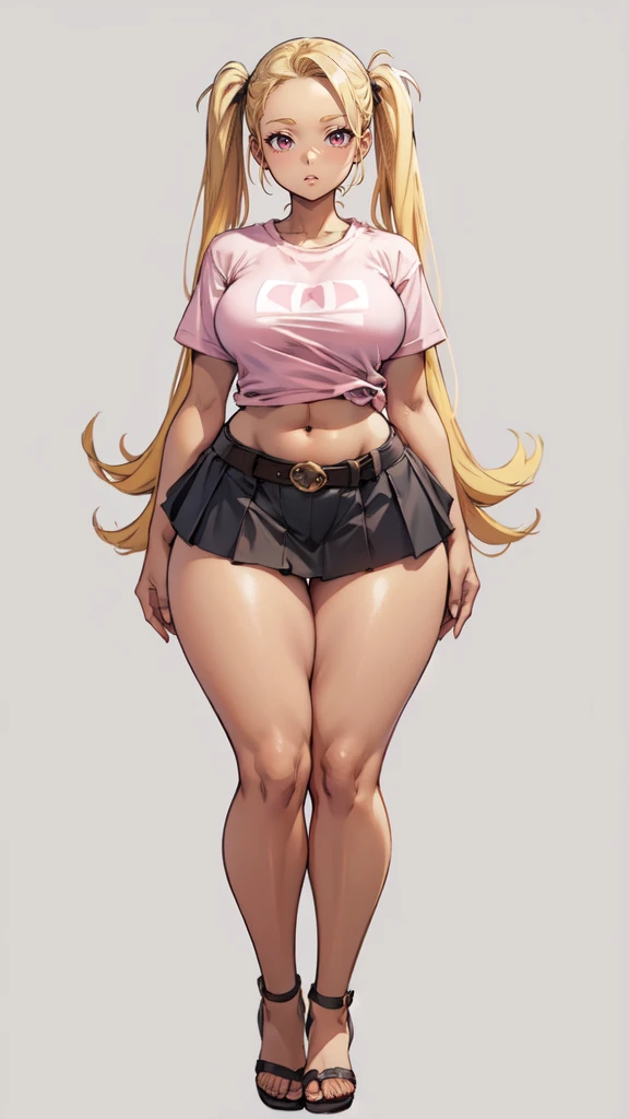 blank background, (((full body))), (masterpiece), ((best quality)), flat chest, (forehead), short twintail, (wide hips:1.6), (thick thighs:1.4), (very short skirt), sandals, belt below navel, blonde, (pink tshirt), (dark skin)