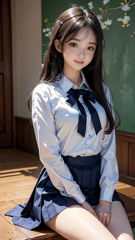 masterpiece、best quality、illustration、 Very detailed、Fine details、 high resolution、8K Dende Wallpaper、Perfect dynamic composition、 beautiful girl、Clean high school、Detailed beautiful face、Detailed beautiful eyes、Textured Skin、Shy laugh、Small Breasts、Bold and sexy pose、Uniforms、开放式Uniforms、Spread your legs slightly