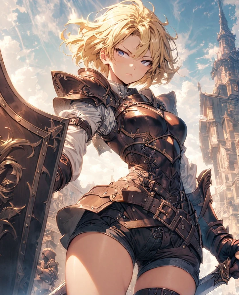 boyish Berry Short Slanted Eyes Thighs Blonde Swordsman Two-Way Short Dagger Leather Armor Giant Shield