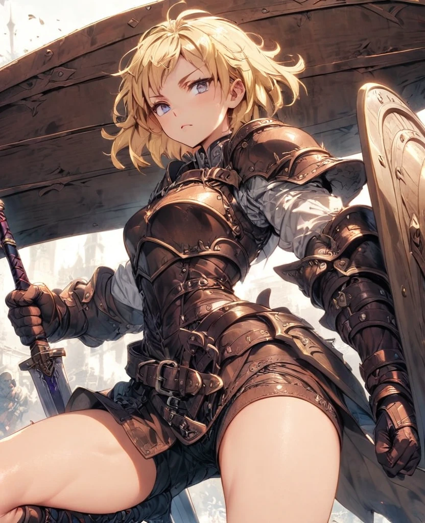 boyish　Berry Short　Slanted Eyes　Thighs　Blonde　Swordsman　Two-Way　Short Dagger　Leather Armor　Giant Shield