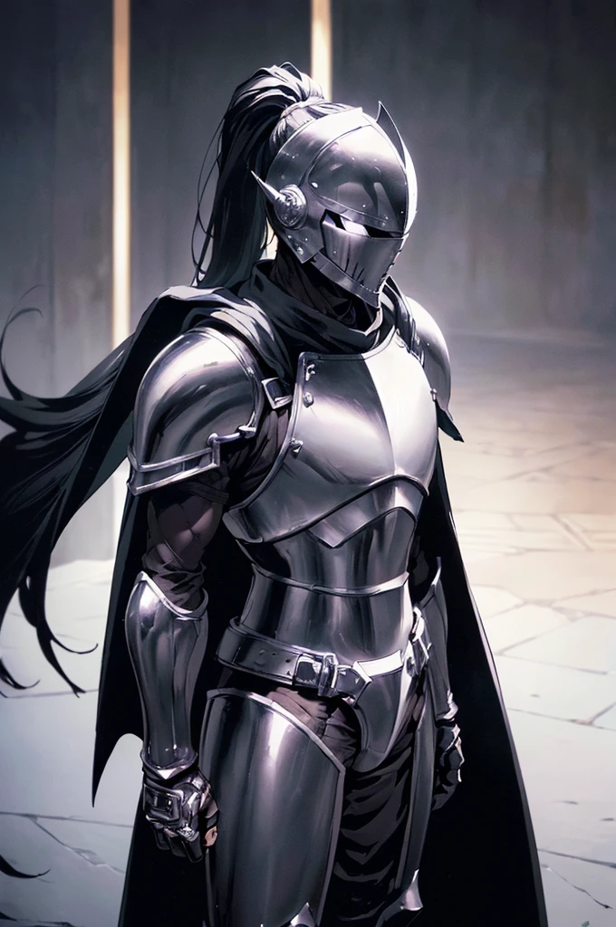 (masterpiece; best quality: 1.2), ((full armored knight man)), ((solo)), (black eyes: 1.4), (body; toned, lean, masculine: 1.3), (beautiful and clear background: 1.2), ((depth of field)), (equipment: full plate all-black dark-metallic armor + closed helmet with ponytail + long black cape: 1.3), (anime illustration: 1.2), (background composition; fantasy castle corridor + furniture: 1.1), (extremely fine and handsome: 1.1), (shot composition; standing + centered on torso + close-up: 1.5), (expression; calm, stoic: 1.2)