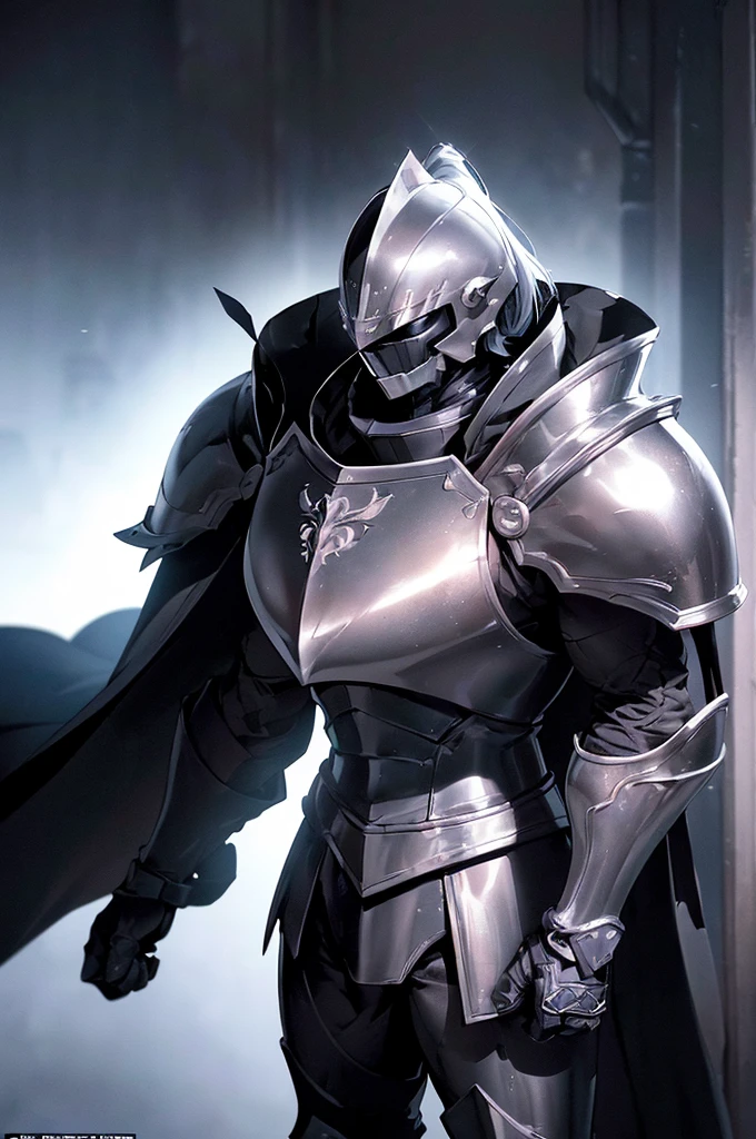 (masterpiece; best quality: 1.2), ((full armored knight man)), ((solo)), (black eyes: 1.4), (body; toned, lean, masculine: 1.3), (beautiful and clear background: 1.2), ((depth of field)), (equipment: full plate all-black dark-metallic armor + closed helmet with ponytail + long black cape: 1.3), (anime illustration: 1.2), (background composition; fantasy castle corridor + furniture: 1.1), (extremely fine and handsome: 1.1), (shot composition; standing + centered on torso + close-up: 1.5), (expression; calm, stoic: 1.2)