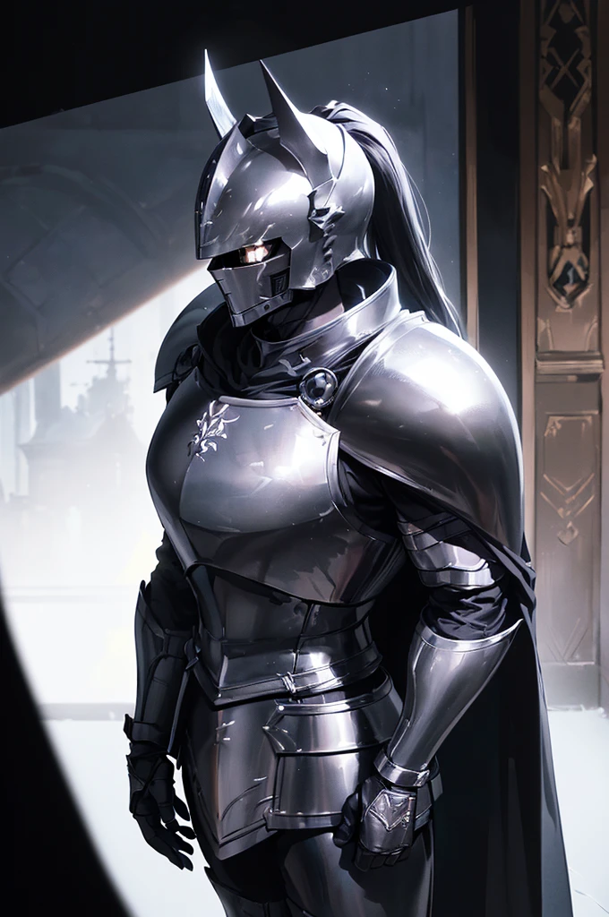 (masterpiece; best quality: 1.2), ((full armored knight man)), ((solo)), (black eyes: 1.4), (body; toned, lean, masculine: 1.3), (beautiful and clear background: 1.2), ((depth of field)), (equipment: full plate all-black dark-metallic armor + closed helmet with ponytail + long black cape: 1.3), (anime illustration: 1.2), (background composition; fantasy castle corridor + furniture: 1.1), (extremely fine and handsome: 1.1), (shot composition; standing + centered on torso + close-up: 1.5), (expression; calm, stoic: 1.2)