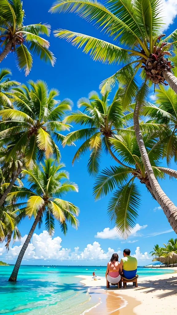 View of an isolated Caribbean island paradise, Plant using palm trees, sand clearing, A fat couple, Disarray, Sitting on a log by the water, fishing. Happy color palette.A clear, blue day.