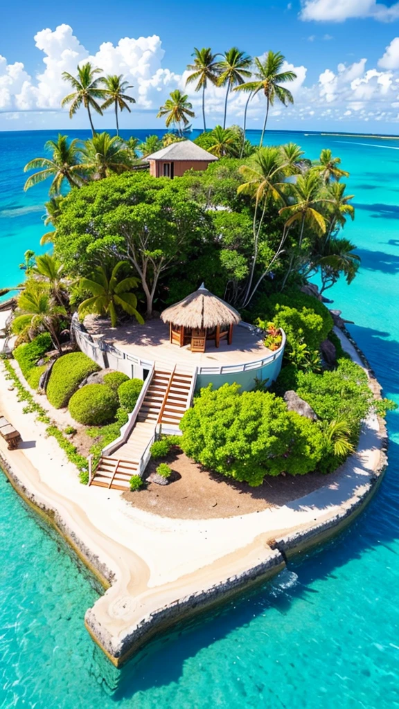 View of an isolated Caribbean island paradise, Plant using palm trees, sand clearing, A fat couple, Disarray, Sitting on a log by the water, fishing. Happy color palette.A clear, blue day.