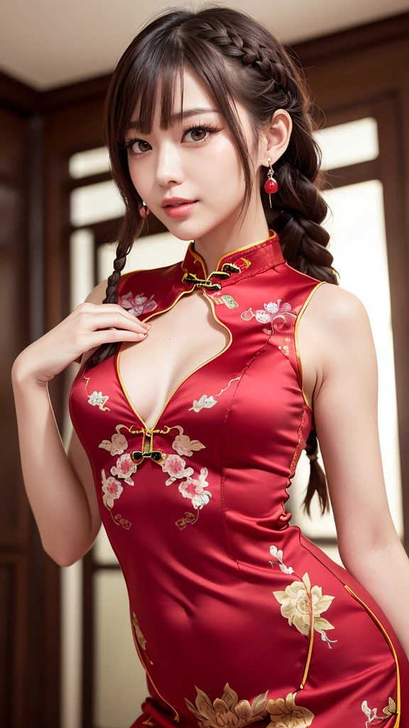 Realistic, masterpiece, Highest quality, Highest Resolution, One Japanese woman, Smile, Fine and beautiful eyes, iris, Sparkling eyes, Thin eyebrows, Gives lashes a delicate finish, False eyelashes, Chinese traditional makeup, (Braided hair, Blunt bangs, Brown Hair:1.2), Detailed face, Sharp Eyes, Chin up, Open your mouth, Cheeks pink, Make a heart symbol with both hands, (Classic and sexy crimson cheongsam, No sleeve, Detailed decoration:1.3), (Tight-fitting clothing:1.3), Upper body photo, Leaning forward, Blank background in warm colors