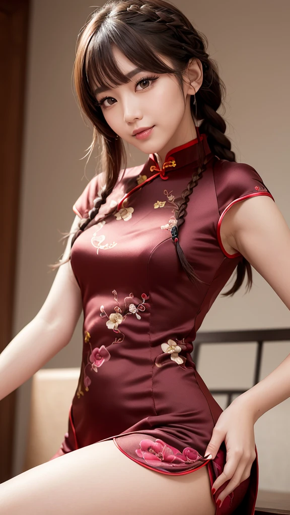 Realistic, masterpiece, Highest quality, Highest Resolution, One Japanese woman, Smile, Fine and beautiful eyes, iris, Sparkling eyes, Thin eyebrows, Gives lashes a delicate finish, False eyelashes, Chinese traditional makeup, (Braided hair, Blunt bangs, Brown Hair:1.2), Detailed face, Sharp Eyes, Chin up, Open your mouth, Cheeks pink, Make a heart symbol with both hands, (Classic and sexy crimson cheongsam, No sleeve, Detailed decoration:1.3), (Tight-fitting clothing:1.3), Upper body photo, Leaning forward, Blank background in warm colors
