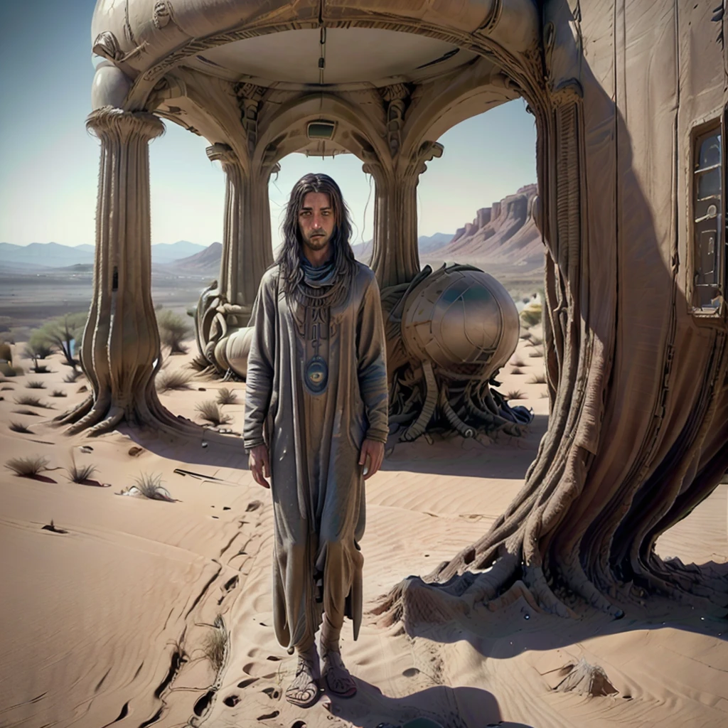 Ultra-realistic scene depicting Jesus at the center of the image, standing solemnly with a backdrop of an ancient city in Israel. On one side of Jesus, joyful people engaging in daily life activities such as trade and communal gatherings. On the other side, a stark contrast with people engaged in conflict and unrest, symbolizing the turbulent times in Israel during Jesus' era. The scene captures the juxtaposition of peace and turmoil, highlighting the societal contrasts of that historical period. Rendered in vivid color and high detail to meet the specifications of a photograph taken by a lens Panasonic Lumix G Leica DG Nocticron 42.5 mm f/ 1.2. The image aims to achieve photorealism, epic composition, depth of field, hyper-detail, and is designed for editorial photography with qualities of super-resolution 16k, UHD, HDR. Conceptual art, soft, intricate, photorealistic, 16k UHD image, surreal atmosphere.