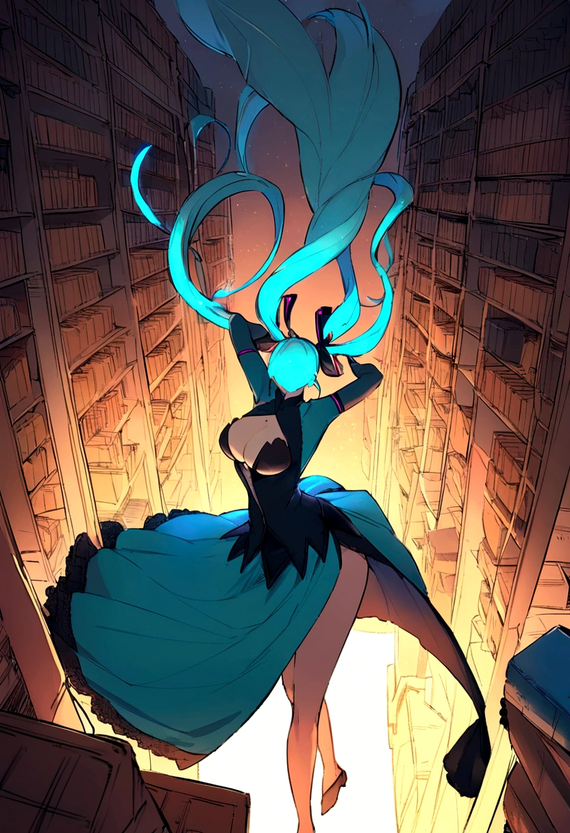 Hatsune Miku stands in a bustling Amazon warehouse, surrounded by towering shelves of packages and machinery humming in the background. She's dressed in her signature blue outfit, her long legs extended into an elegant arabesque pose as she twirls to the rhythm. Soft, fluorescent lighting casts an otherworldly glow on her digital form, while the industrial landscape provides a striking contrast to her whimsical dance.,boy ,Gazing Skyward,Emphasize the cleavage , busty breasts 1.8, from_above