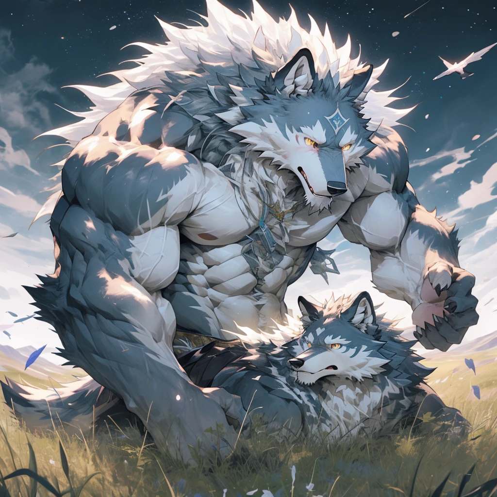 Gemini, the 12 zodiac signs, the noble and pure white wolf, topless, furry, delicate, muscular, majestic (Golden eyes sparkle)The background is the rolling mountains of the grassland plateau, Wild and domineering , Huge muscles, Abdominal muscle tearing white wolf(Only one stood on the grassland)