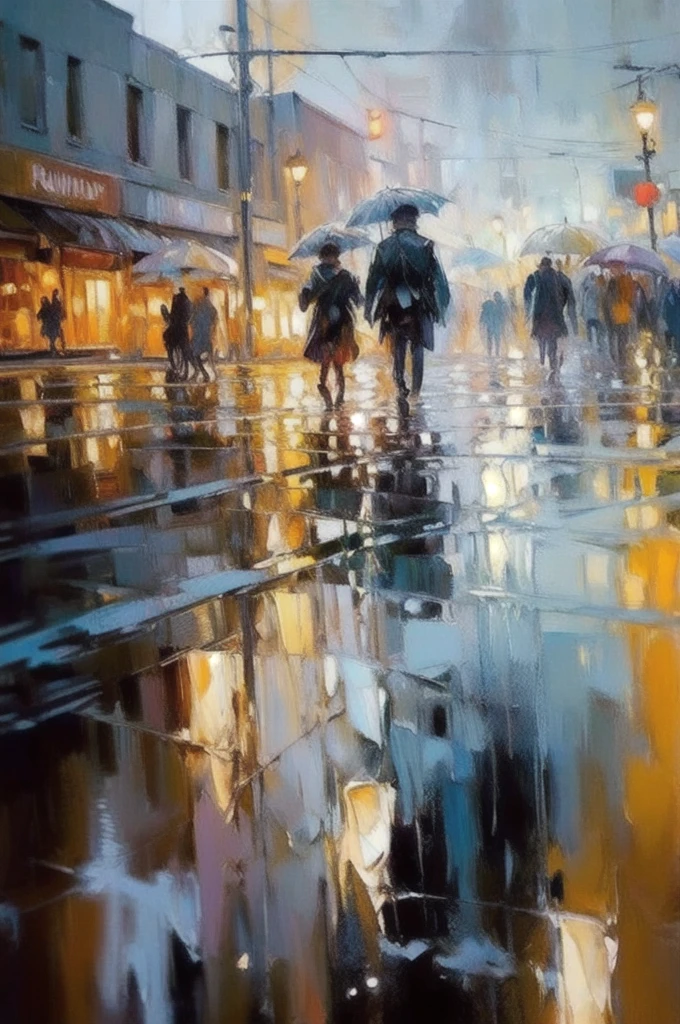 OIL PAINTING,IMPRESSIONISM,(masterpiece, best quality, ultra-detailed, best shadow),(detailed background),realistic ,(Rembrandt),  rainny evening in City, people passing by, looking throught wet glass melted by stream of rain shapes, color field painting, (large swaths of color):1.2, abstract expressionism, bold hues, emotional impact, atmospheric depth,