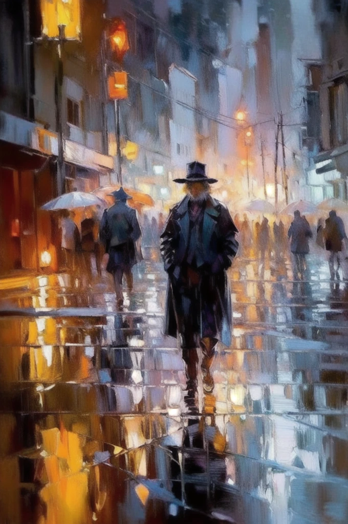OIL PAINTING,IMPRESSIONISM,(masterpiece, best quality, ultra-detailed, best shadow),(detailed background),realistic ,(Rembrandt), rainny evening in City, people passing by, looking throught wet glass melted by stream of rain shapes, color field painting, (large swaths of color):1.2, abstract expressionism, bold hues, emotional impact, atmospheric depth,
