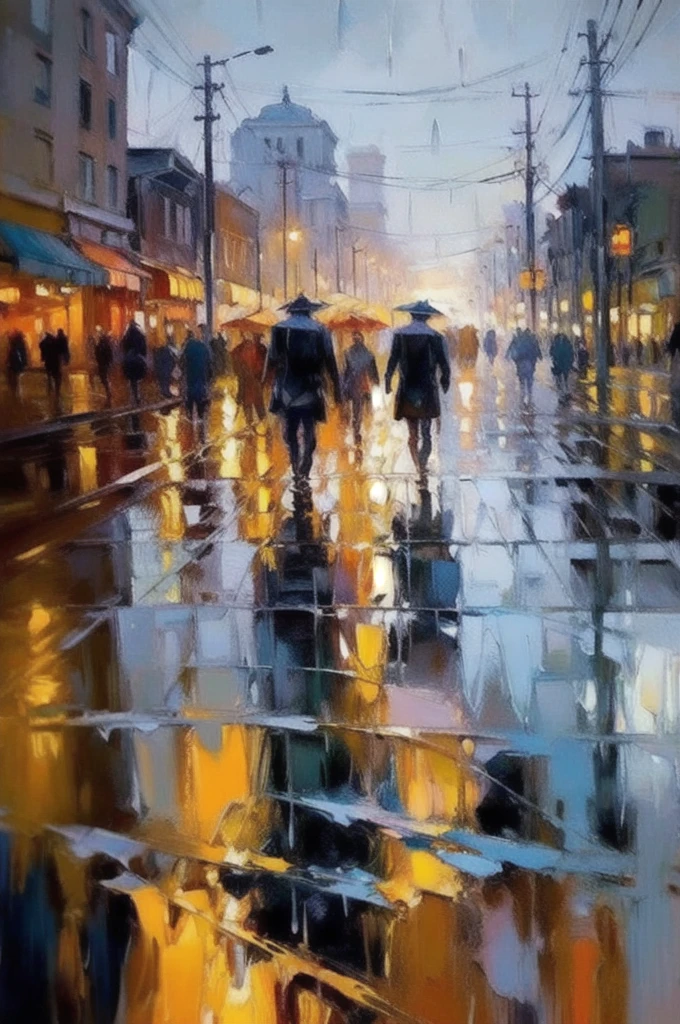 OIL PAINTING,IMPRESSIONISM,(masterpiece, best quality, ultra-detailed, best shadow),(detailed background),realistic ,(Rembrandt), rainny evening in City, people passing by, looking throught wet glass melted by stream of rain shapes, color field painting, (large swaths of color):1.2, abstract expressionism, bold hues, emotional impact, atmospheric depth,