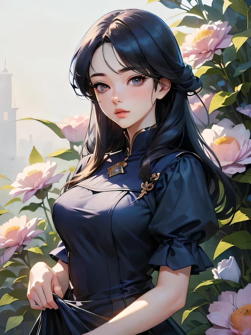 ((masterpiece、Highest quality、Very detailed、High resolution、Realistic、Sharp focus))、Bust Shot、Focus on the chest up、Woman wearing a navy blue dress、Standing in front of flowers、Beautiful cartoon art、Attractive anime woman、Beautiful Anime Women、View your viewers