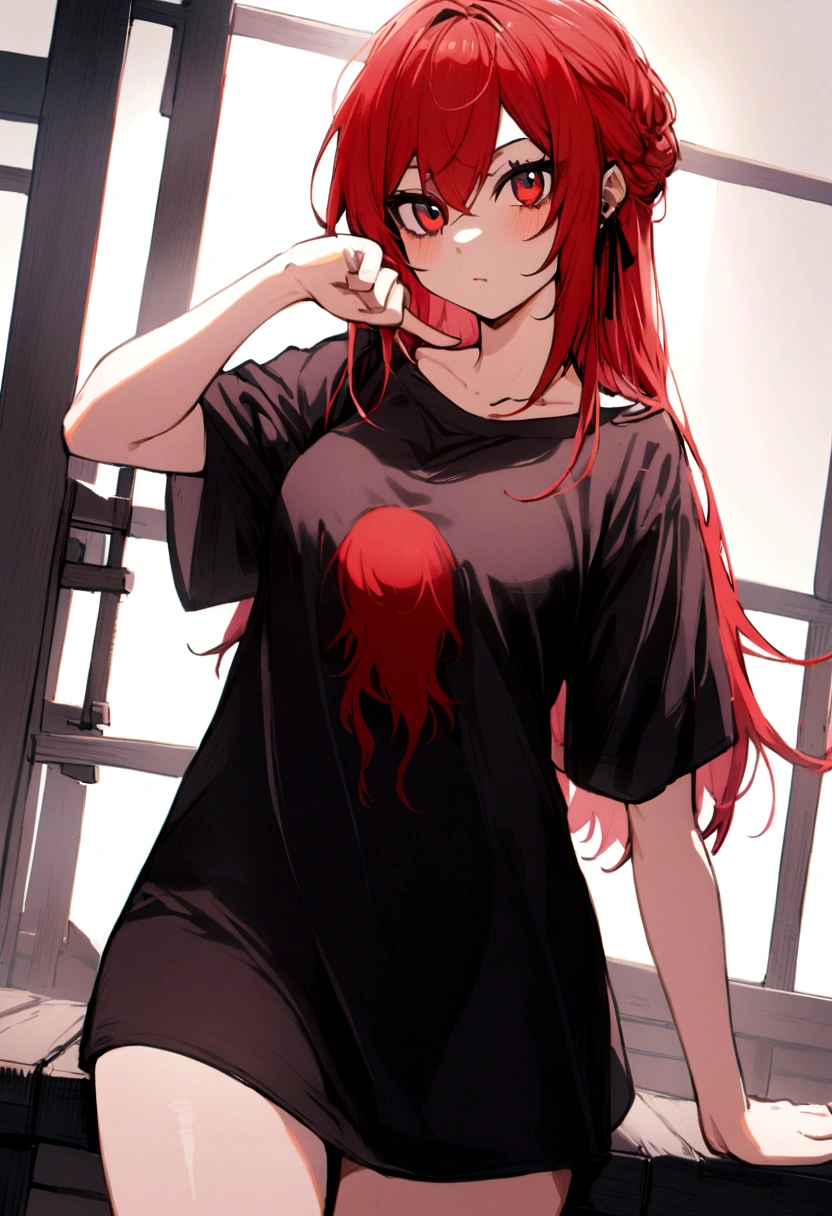 1 girl, Emo with big light red hair, wearing a large shirt that reaches the thigh, with a bold look and pose.
