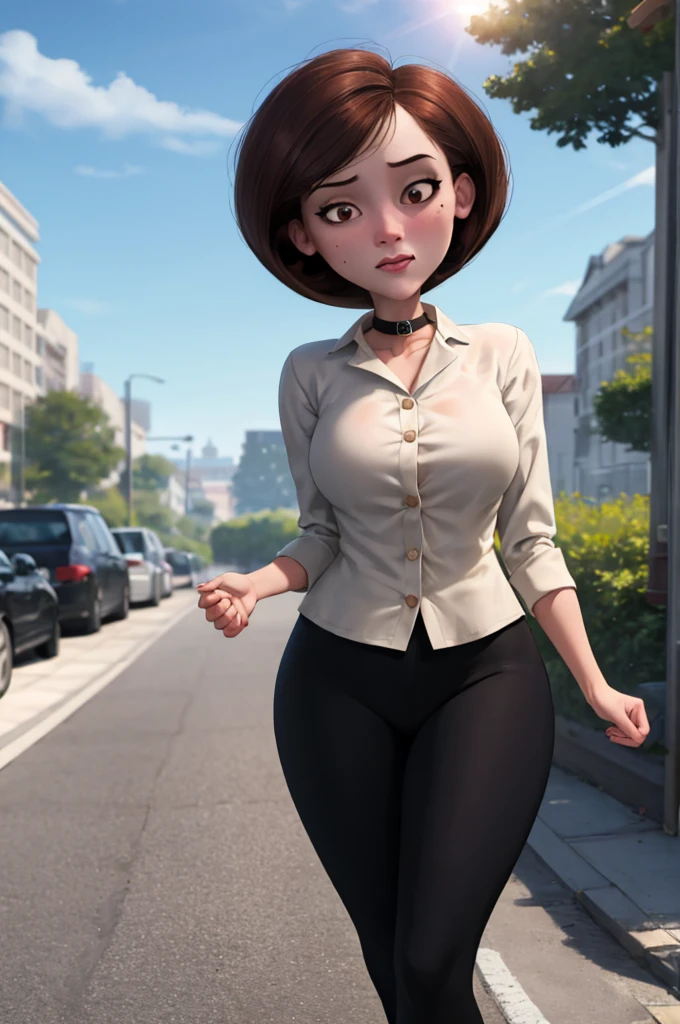 Masterpiece, Best Quality, outdoor, Lens flare, depth of field, 1 girl, Alone, looking at the viewer, old,  helenparr, moles, collar shirt, Dress shirt, buttons, Black pants,sexy