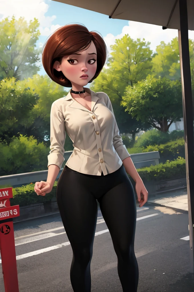 Masterpiece, Best Quality, outdoor, Lens flare, depth of field, 1 girl, Alone, looking at the viewer, old,  helenparr, moles, collar shirt, Dress shirt, buttons, Black pants,sexy