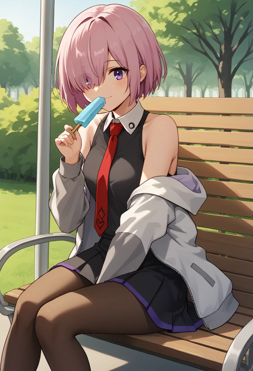 1 woman, Short hair, pink hair, purple eyes, hair above one eye, black shirt, white collar, red tie, Two-tone jacket, white jacket, gray sleeves, long sleeves, skirt, pantyhose, outdoors, seat, park, off shoulder, bare shoulders, popsicle score_9, score_8_consolation, score_7_consolation, score_6_consolation, score_5_consolation, score_4_consolation, BREAK Source_japanese cartoon movies, ((masterpiece,꽉끼는 skirt)), A beautiful smile, office job,