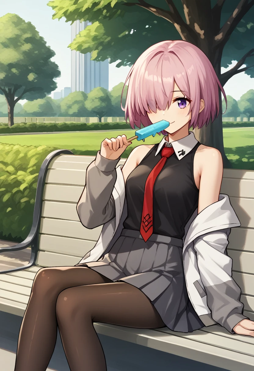 1 woman, Short hair, pink hair, purple eyes, hair above one eye, black shirt, white collar, red tie, Two-tone jacket, white jacket, gray sleeves, long sleeves, skirt, pantyhose, outdoors, seat, park, off shoulder, bare shoulders, popsicle score_9, score_8_consolation, score_7_consolation, score_6_consolation, score_5_consolation, score_4_consolation, BREAK Source_japanese cartoon movies, ((masterpiece,꽉끼는 skirt)), A beautiful smile, office job,