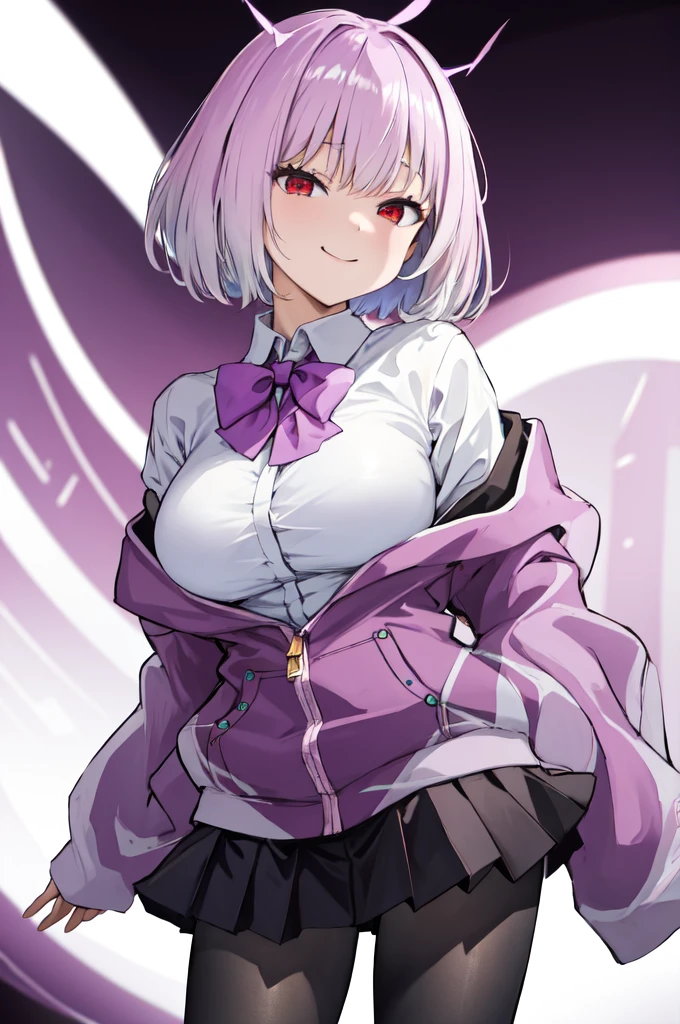 masterpiece, best quality, highres, aaakane, short hair, red eyes, large breasts, purple bowtie, collared shirt, white shirt, off shoulder, purple jacket, partially unzipped, long sleeves, sleeves past wrists, pleated skirt, black skirt, pantyhose, cowboy shot, standing, sky,Corruption,스타킹, 다리꼬기,(( Mesugaki)),오피스룩,