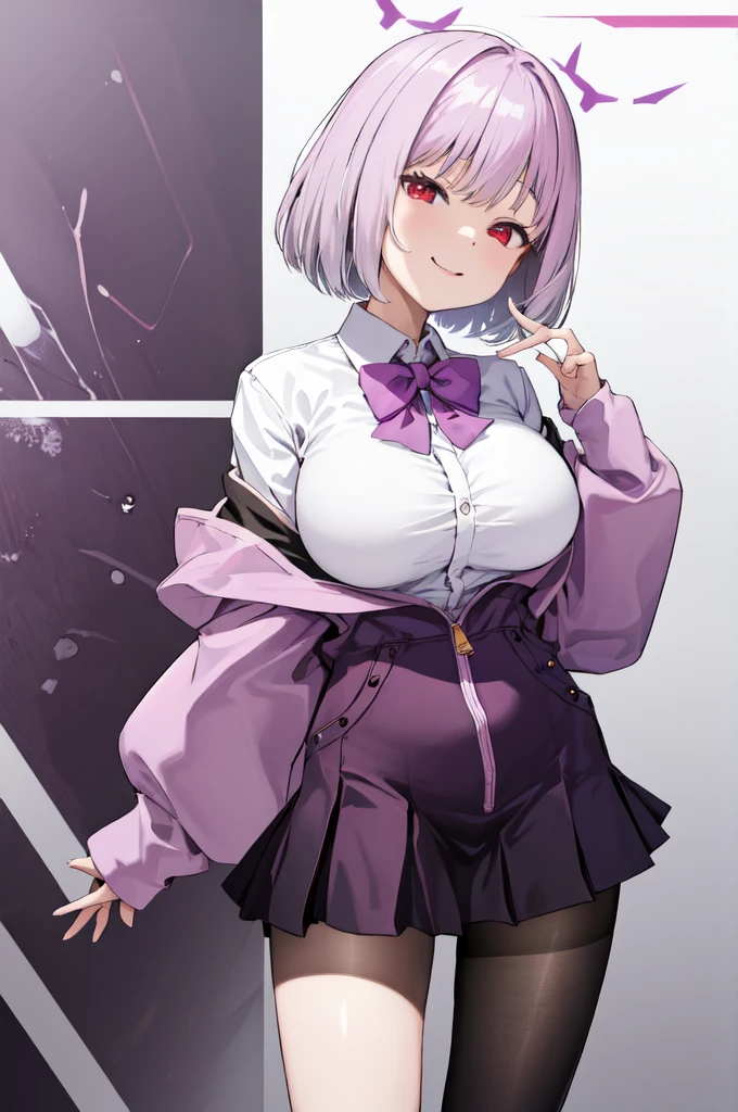 masterpiece, best quality, highres, aaakane, short hair, red eyes, large breasts, purple bowtie, collared shirt, white shirt, off shoulder, purple jacket, partially unzipped, long sleeves, sleeves past wrists, pleated skirt, black skirt, pantyhose, cowboy shot, standing, sky,Corruption,스타킹, 다리꼬기,(( Mesugaki)),오피스룩,