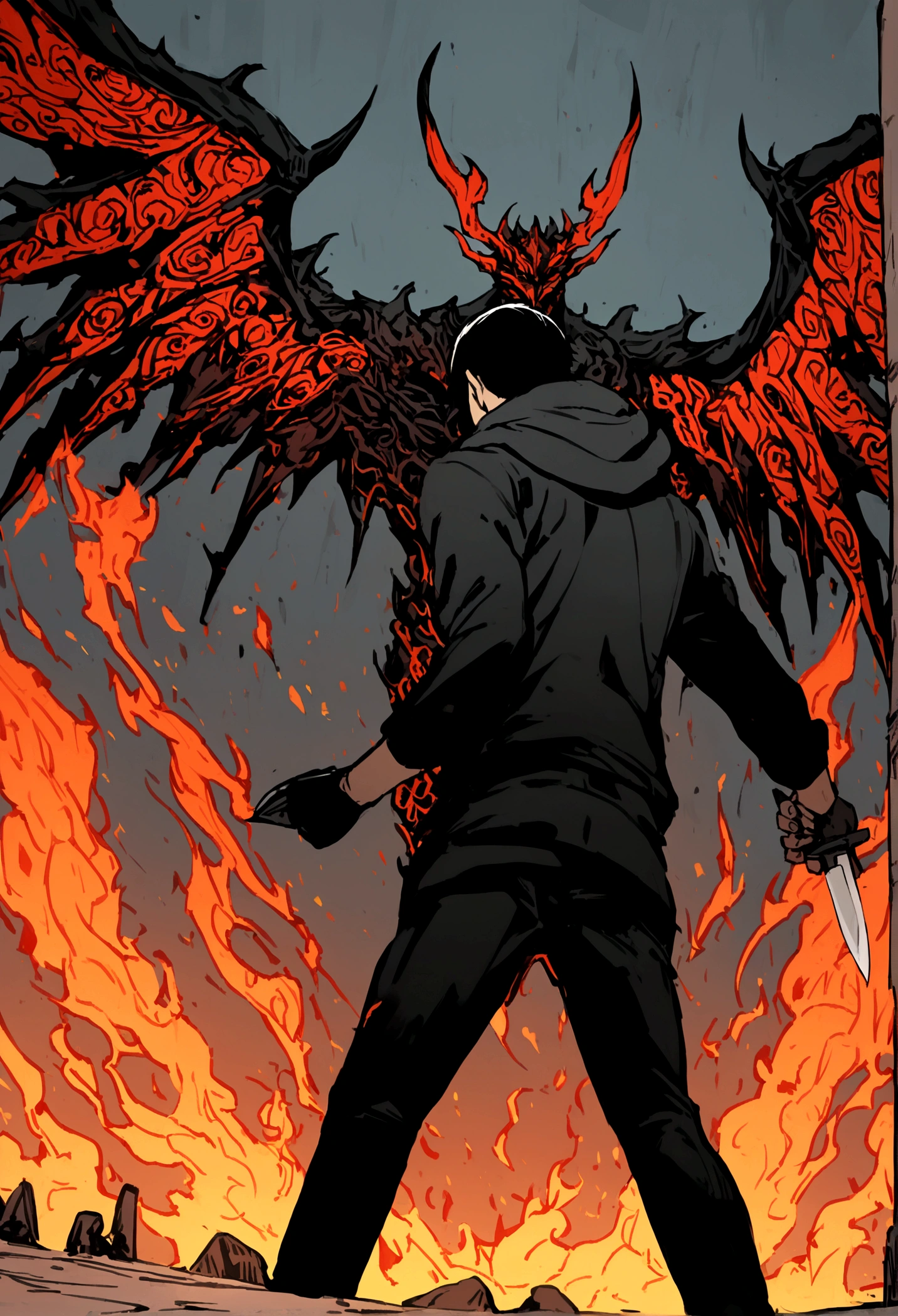 1boy killing a man with a knife, black hoodie, black pants hells fire in the background