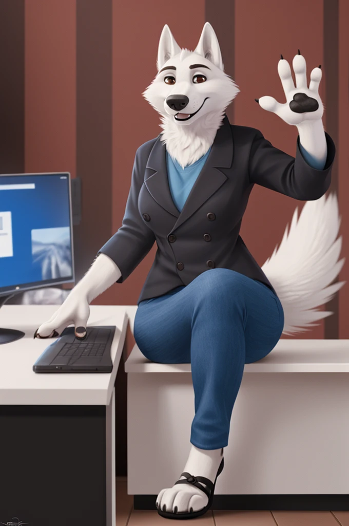 Barbara\(Moscow\), (white body:1.3), white fur, Brown eyes, Moscow, dressed, black jacket, jeans, pink open-heeled sandals, dog, wolf, Detailed fur, Woman, breasts, anthro, paw pads , claws of fingers, waving, waving to the viewer, 5 fingers, paws, 4 toes, ring, sitting in office working, computer
BREAK by nextel, for dating, by xenoforge, (complex, high detail, film photography, soft focus, RAW sitting,
Photorealism, realism, photorealism, digital style, Subsurface scattering,
masterpiece, Best quality, ultra realistic, 8k)
