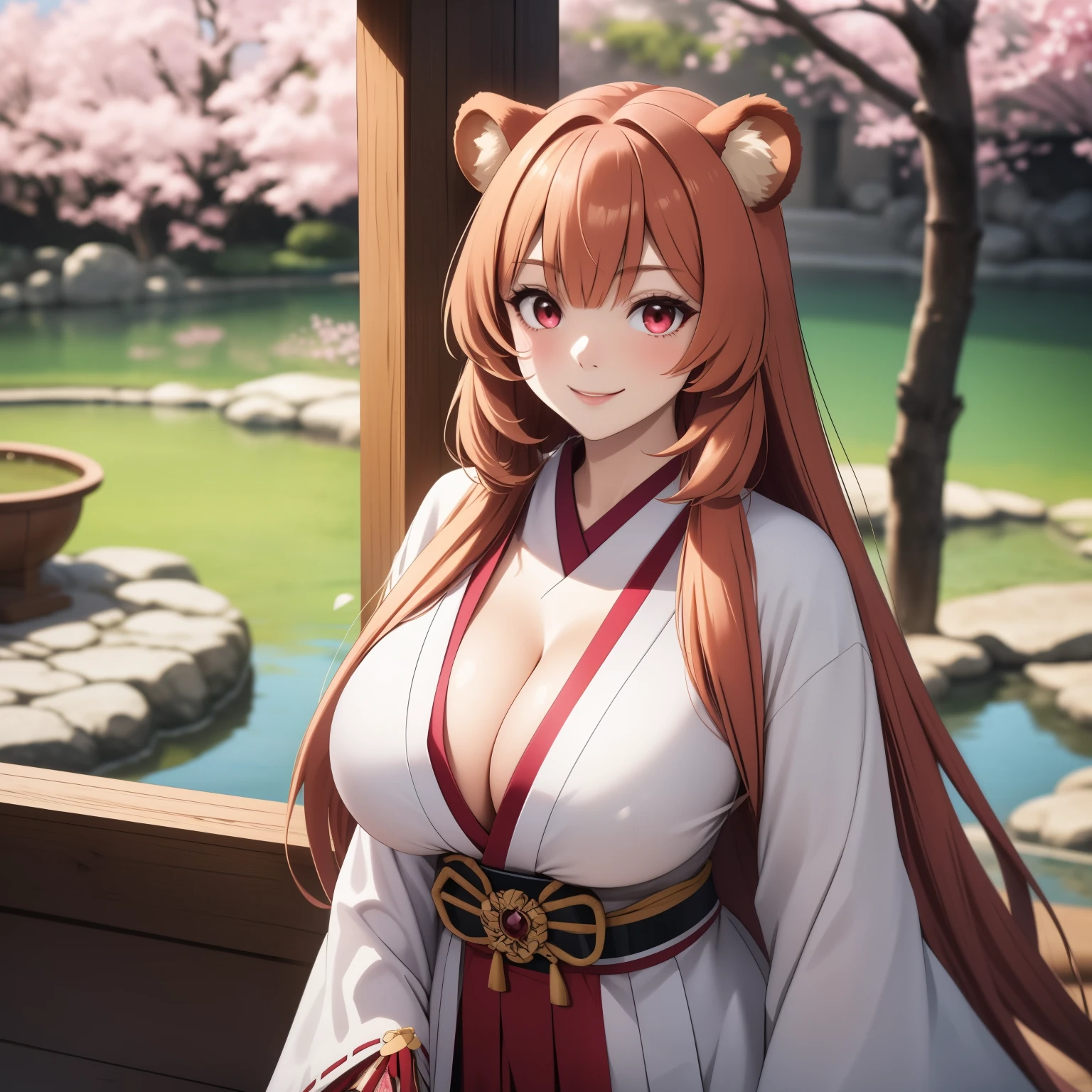 Raphtalia woman 35 years old straight orange hair , bear ears redondeadas, red eyes like ruby., flirtatious smile, pale skin, big breasts, japanese priestess clothing, White and red, pink belt, , bear ears, , background of a japanese garden, cherry trees. perfect hands. perfect hands. neckline.