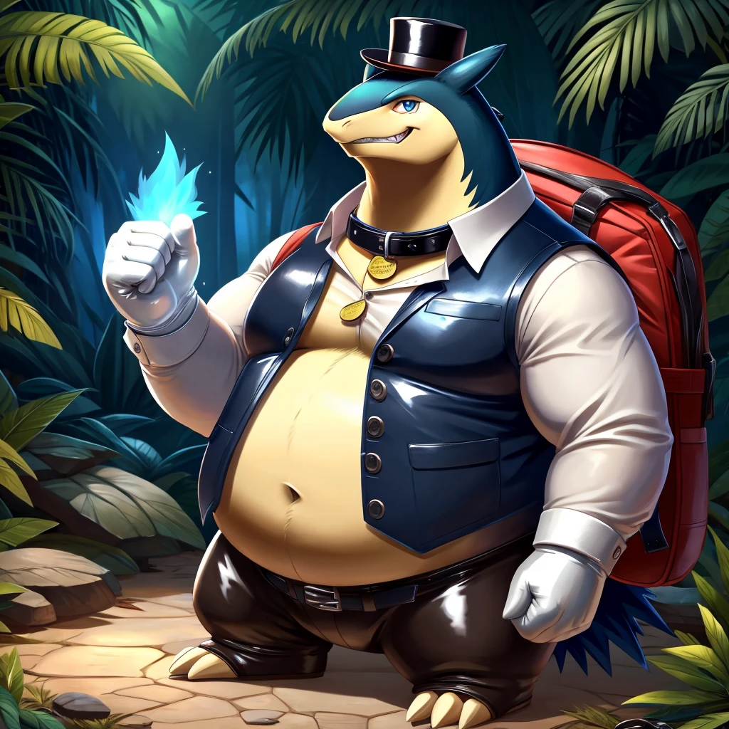 Solo, Male, fat, extremely obese, gentleman, dapper Professor Typhlosion, blue eyes, (posing:1.3), (soft shading), 4k, hi res, ((detailed face, detailed)), looking at viewer, evil grin, jungle, forest, collared shirt with buttons, top hat, male focus, Explorer Outfit, glasses, monocle, bag, vest with buttons, backpack, sleeves rolled up, round eyewear, brown headwear, brown vest, Typhlosion is wearing a glossy leather dog collar around the neck, Typhlosion is wearing the leather collar and shirt and vest at the same time, Typhlosion is wearing glossy white rubber gloves on the hands, wearing white rubber gloves on the feet, Typhlosion is wearing glossy white cuffs around the wrists with cufflinks, gloves are rubber in texture, clenching teeth, clenching fists, leather collar is glossy and shiny with a lot of detail, Typhlosion is wearing gloves and cuffs and cufflinks at the same time, leather collar has a round dog-tag, leather collar is thick and detailed.