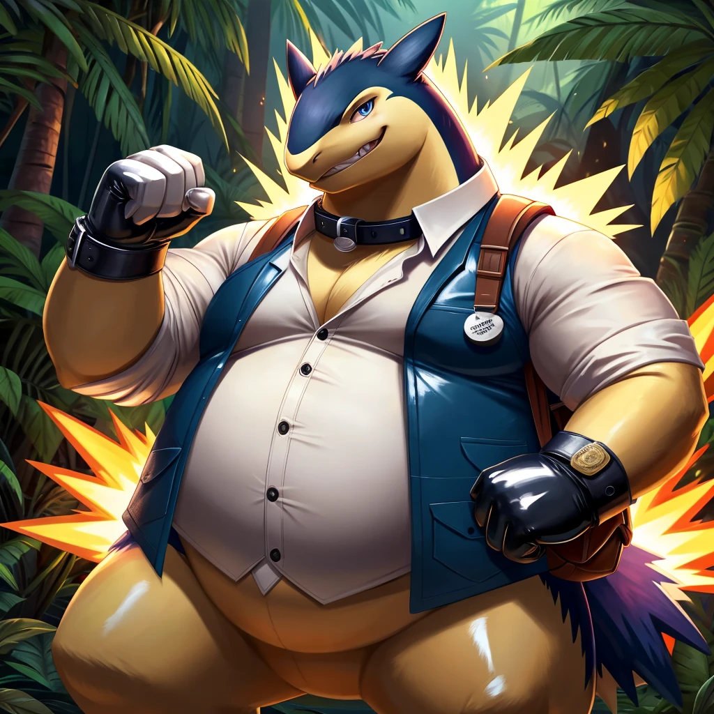Solo, Male, fat, extremely obese, gentleman, dapper Professor Typhlosion, blue eyes, (posing:1.3), (soft shading), 4k, hi res, ((detailed face, detailed)), looking at viewer, evil grin, jungle, forest, collared shirt with buttons, top hat, male focus, Explorer Outfit, glasses, monocle, bag, vest with buttons, backpack, sleeves rolled up, round eyewear, brown headwear, brown vest, Typhlosion is wearing a glossy leather dog collar around the neck, Typhlosion is wearing the leather collar and shirt and vest at the same time, Typhlosion is wearing glossy white rubber gloves on the hands, wearing white rubber gloves on the feet, Typhlosion is wearing glossy white cuffs around the wrists with cufflinks, gloves are rubber in texture, clenching teeth, clenching fists, leather collar is glossy and shiny with a lot of detail, Typhlosion is wearing gloves and cuffs and cufflinks at the same time, leather collar has a round dog-tag, leather collar is thick and detailed.