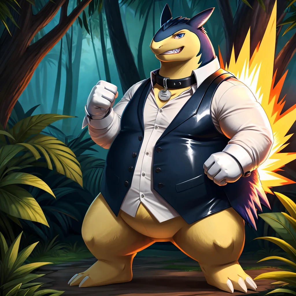 Solo, Male, fat, extremely obese, gentleman, dapper Professor Typhlosion, blue eyes, (posing:1.3), (soft shading), 4k, hi res, ((detailed face, detailed)), looking at viewer, evil grin, jungle, forest, collared shirt with buttons, top hat, male focus, Explorer Outfit, glasses, monocle, bag, vest with buttons, backpack, sleeves rolled up, round eyewear, brown headwear, brown vest, Typhlosion is wearing a glossy leather dog collar around the neck, Typhlosion is wearing the leather collar and shirt and vest at the same time, Typhlosion is wearing glossy white rubber gloves on the hands, wearing white rubber gloves on the feet, Typhlosion is wearing glossy white cuffs around the wrists with cufflinks, gloves are rubber in texture, clenching teeth, clenching fists, leather collar is glossy and shiny with a lot of detail, Typhlosion is wearing gloves and cuffs and cufflinks at the same time, leather collar has a round dog-tag, leather collar is thick and detailed.