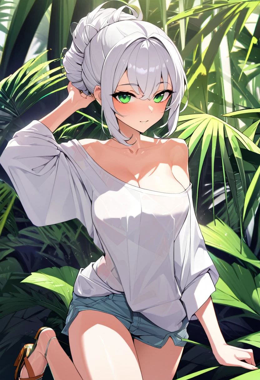 32k, best quality, ultra high res, HDR, UHD, extremely detailed CG, unity 32k wallpaper, masterpiece, Top quality anime illustrations, Very detailed, One Girl, Focus Only, Beautiful girl with silver hair and cat ears, Change animation, Cat ears , Thigh Emphasis, Hit Betting, Bathing in a desert oasis, Wet Sheer,