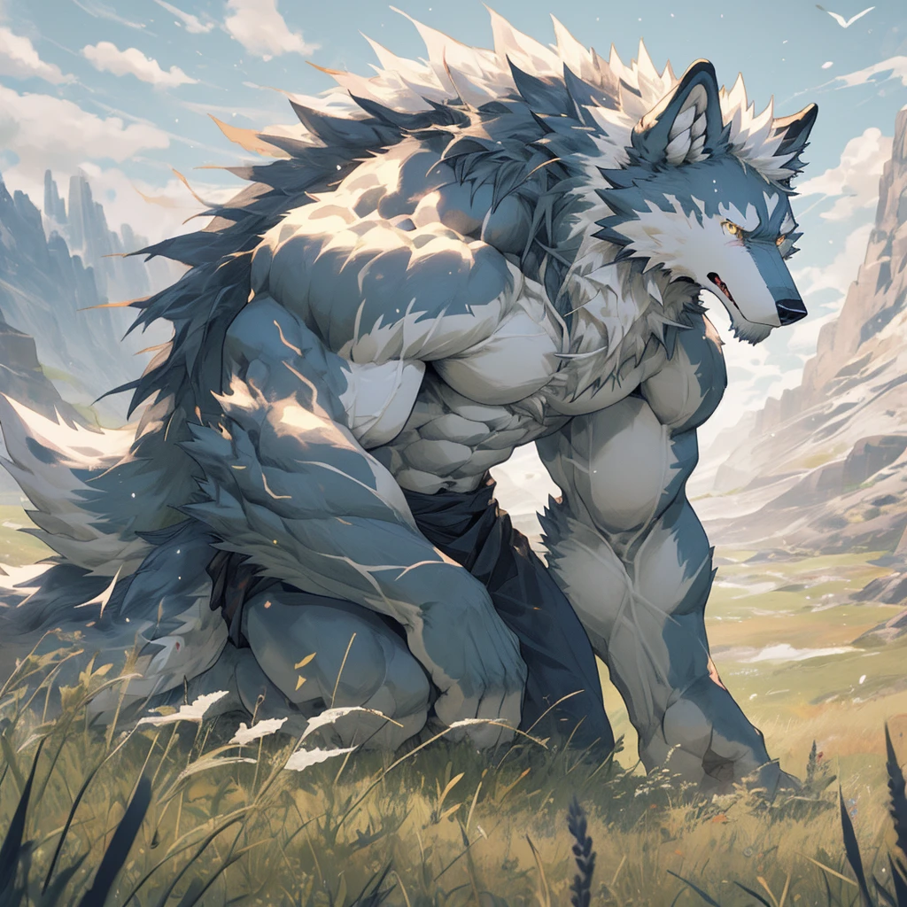 Gemini, the 12 zodiac signs, the noble and pure white wolf, topless, furry, delicate, muscular, majestic （Golden eyes sparkle）The background is the rolling mountains of the grassland plateau, Wild and domineering , Huge muscles, Abdominal muscle tearing white wolf（Only one stood on the grassland）